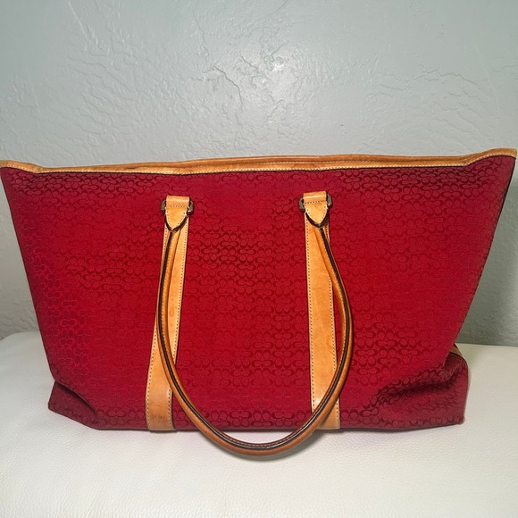 Vintage Coach 3602 Red Signature Jacquard Tote Bag Leather Trim Y2K Large - Picture 9 of 16
